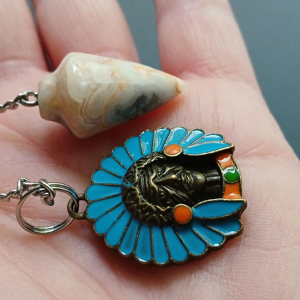 New Yellow Crazy Lace Agate Pendulum & Native American Bronze Pendant.